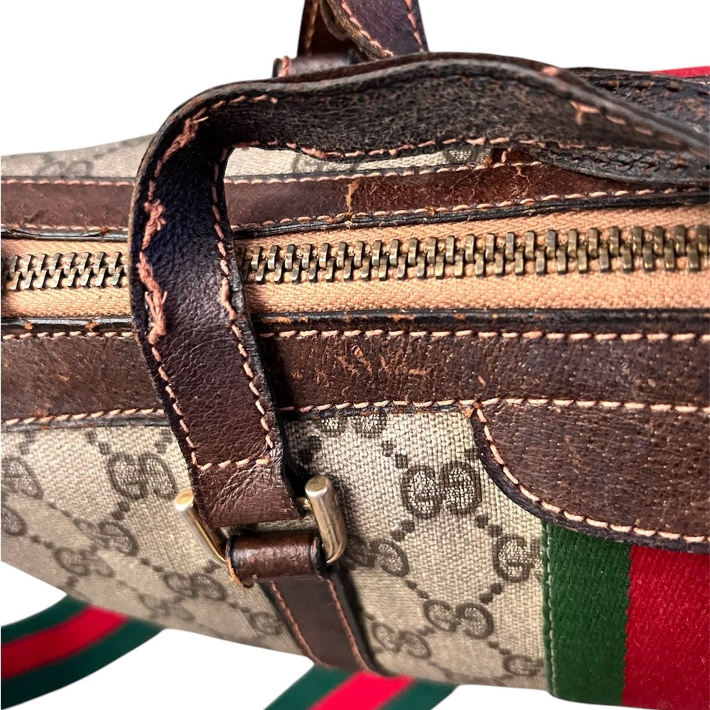 Gucci Beige GG Supreme Canvas Travel Duffle with Green-Red Stripe - Picture 13 of 13